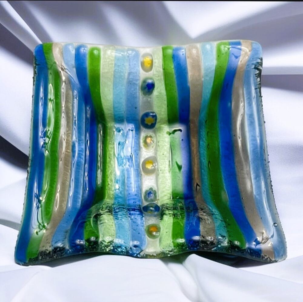 Murano Italian Millefiori Handcrafted 3 3/8" Fused Glass Trinket Dish